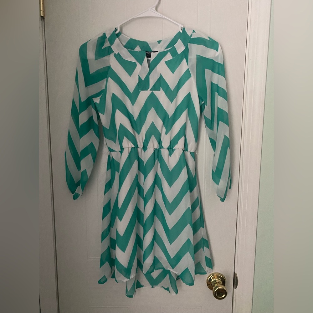 Sequin Hearts Teal/White Chevron Dress for girls